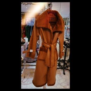 Camel brown faux leather & fur trench coat